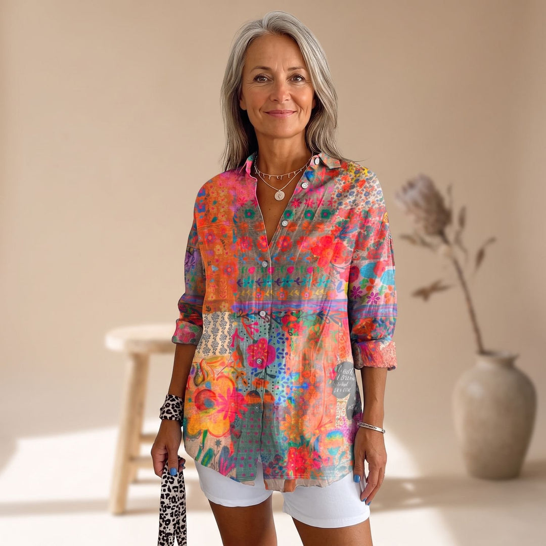 Women's Boho Floral Button-Up Tunic Blouse Long Sleeve - Multicolor