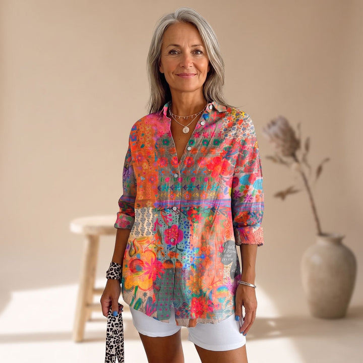 Women's Boho Floral Button-Up Tunic Blouse Long Sleeve - Multicolor