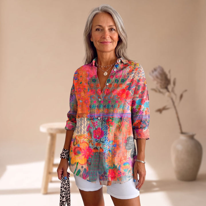 Women's Boho Floral Button-Up Tunic Blouse Long Sleeve