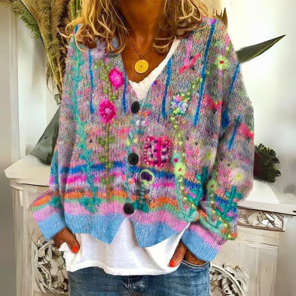Women's Boho Floral Embroidered Button-Front Knit Sweater Cardigan - Blue
