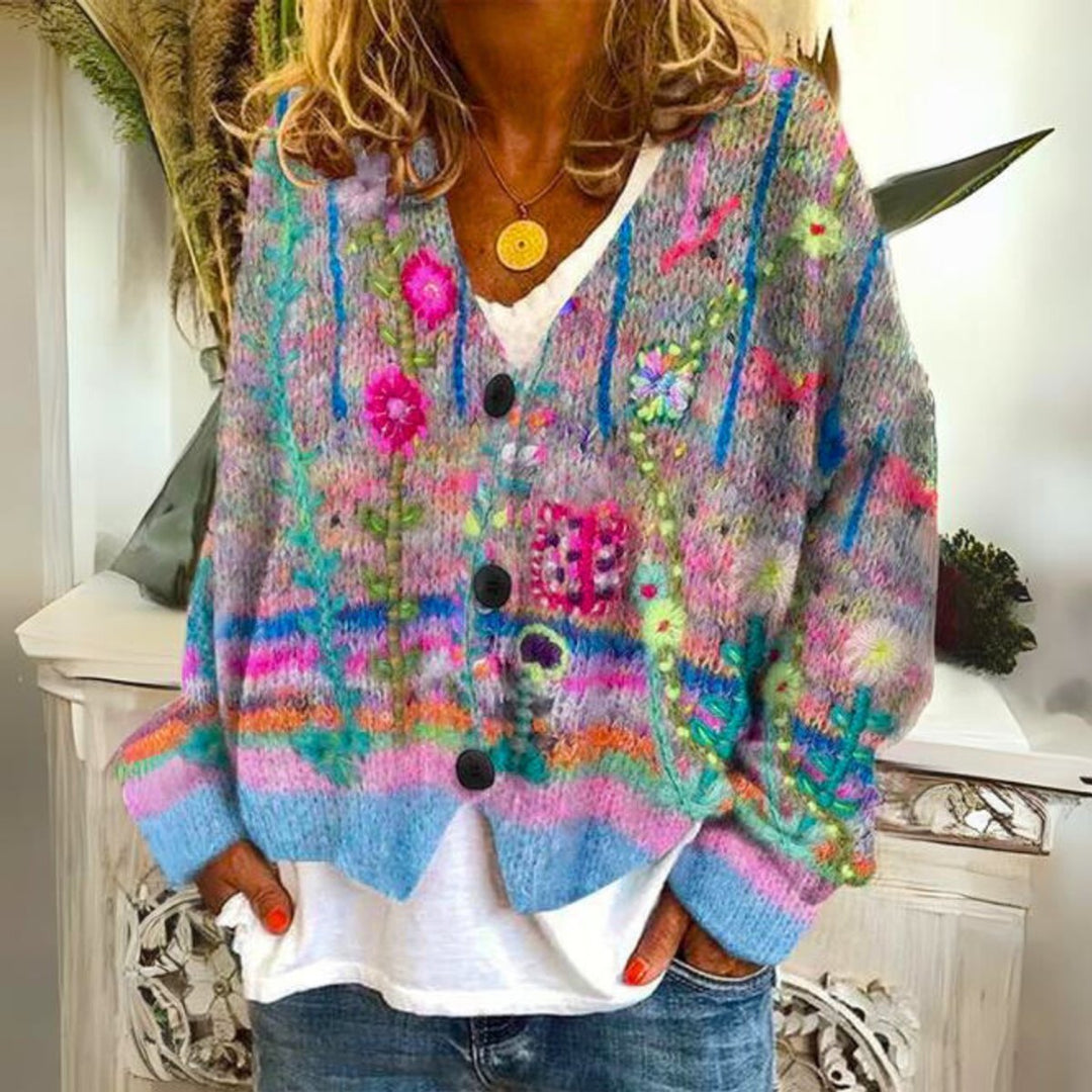 Women's Boho Floral Embroidered Button-Front Knit Sweater Cardigan - Blue