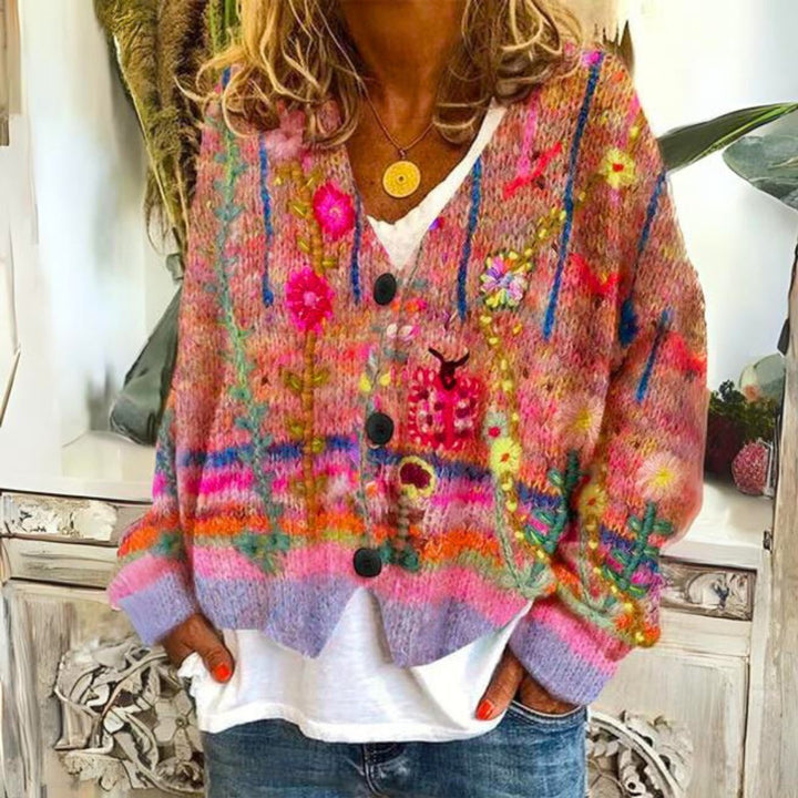 Women's Boho Floral Embroidered Button-Front Knit Sweater Cardigan - Red