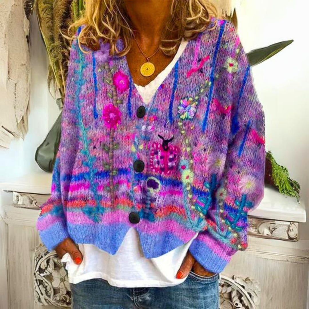 Women's Boho Floral Embroidered Button-Front Knit Sweater Cardigan - Purple