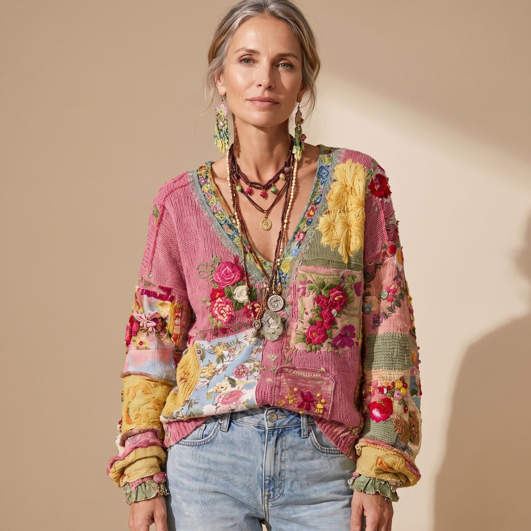 Women's Boho Floral Embroidered Patchwork Knit Cardigan Sweater