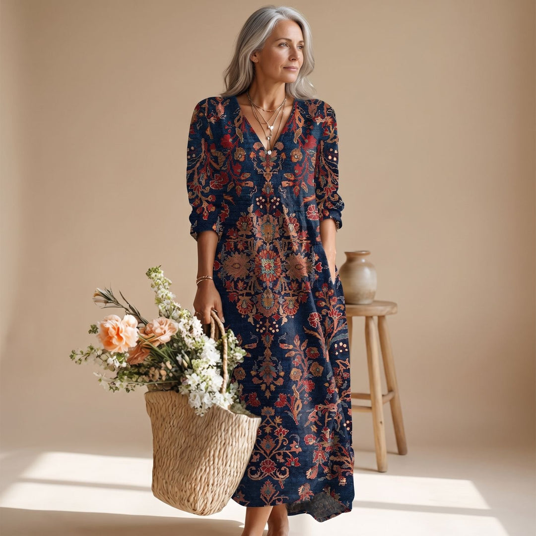 Women's Boho Floral Long Sleeve Maxi Dress V-Neck - Dress