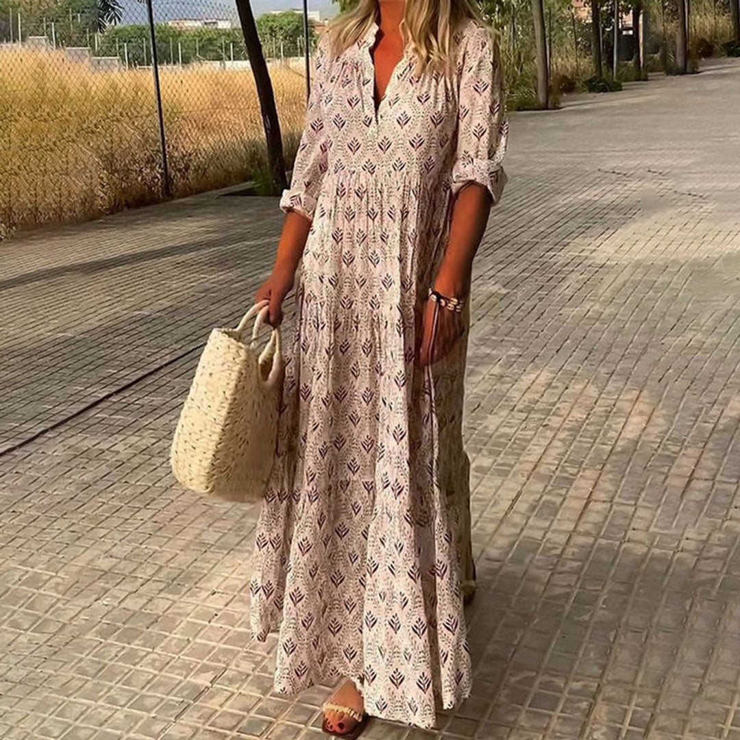 Women's Boho Floral Maxi Cocktail Party Dress V-Neck Tiered - Pink