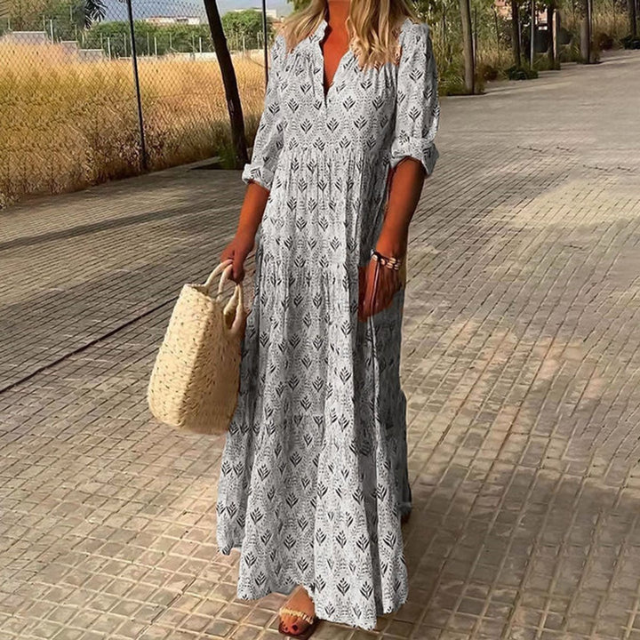 Women's Boho Floral Maxi Cocktail Party Dress V-Neck Tiered - Gray