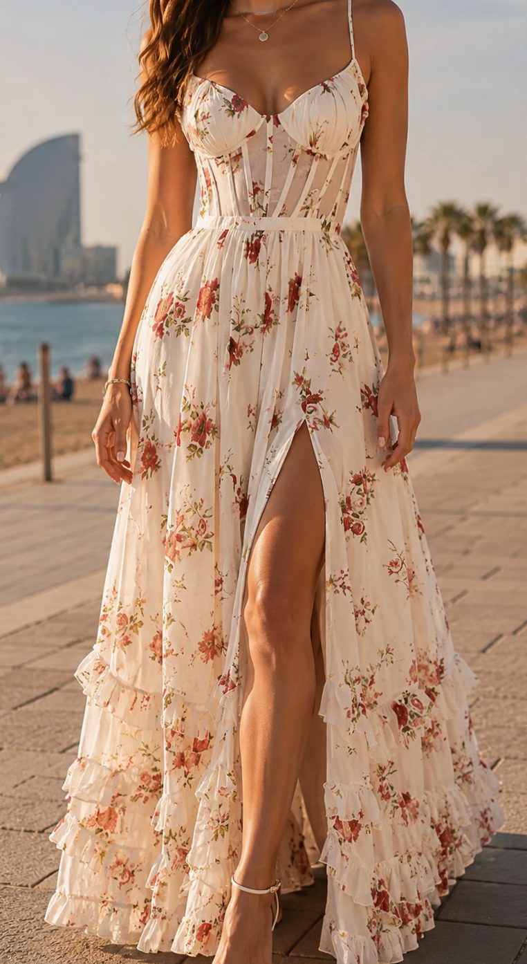 Women's Boho Floral Maxi Dress Corset-Bodice Front-Slit Ruffle Hem - Floral White