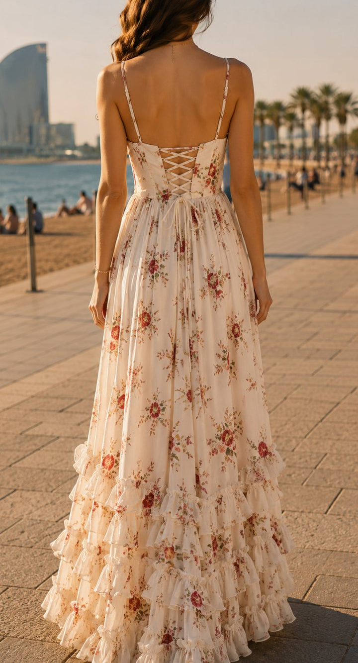 Women's Boho Floral Maxi Dress Corset-Bodice Front-Slit Ruffle Hem