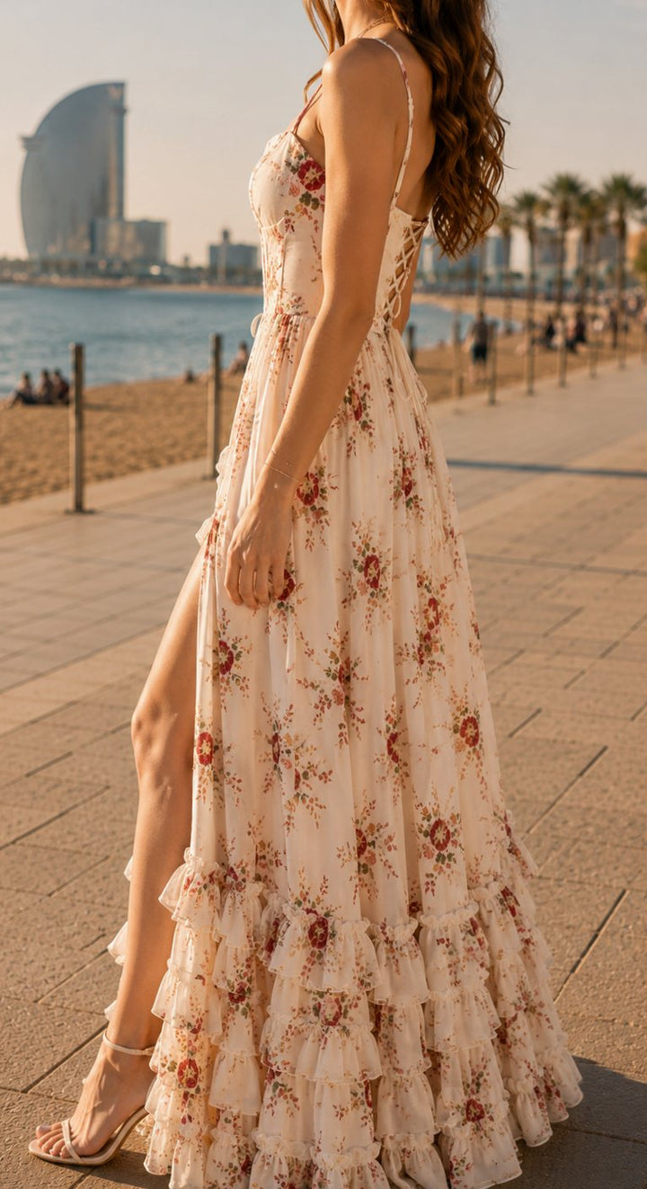 Women's Boho Floral Maxi Dress Corset-Bodice Front-Slit Ruffle Hem