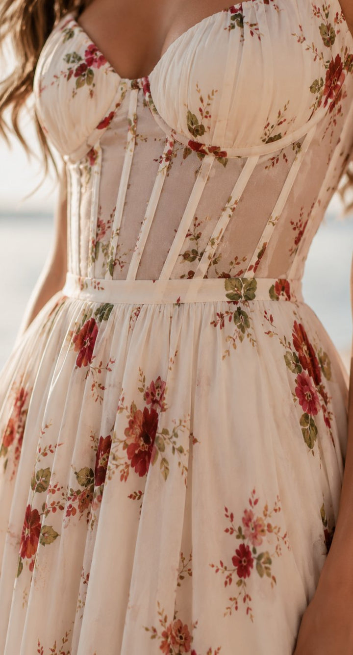 Women's Boho Floral Maxi Dress Corset-Bodice Front-Slit Ruffle Hem