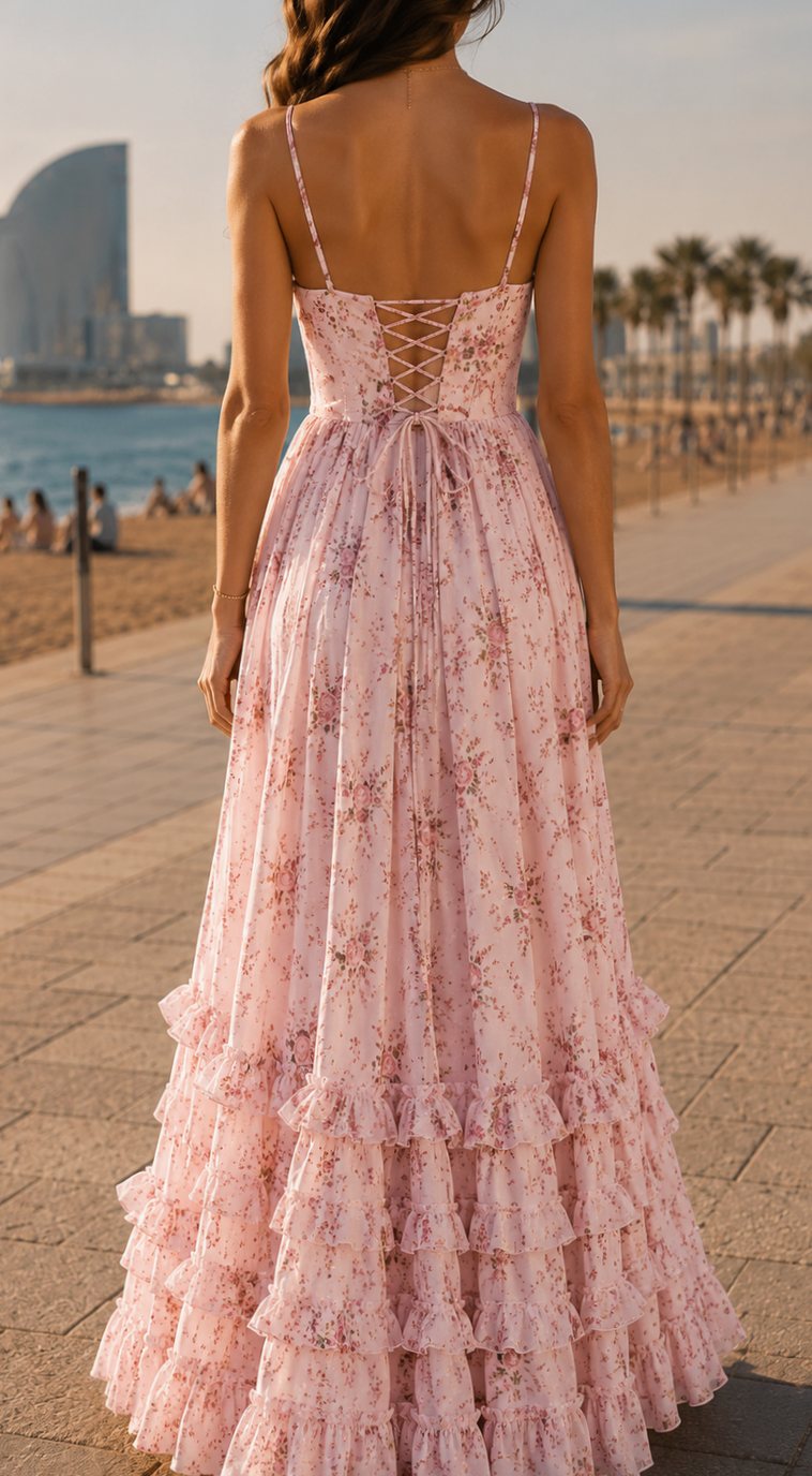 Women's Boho Floral Maxi Dress Corset-Bodice Front-Slit Ruffle Hem