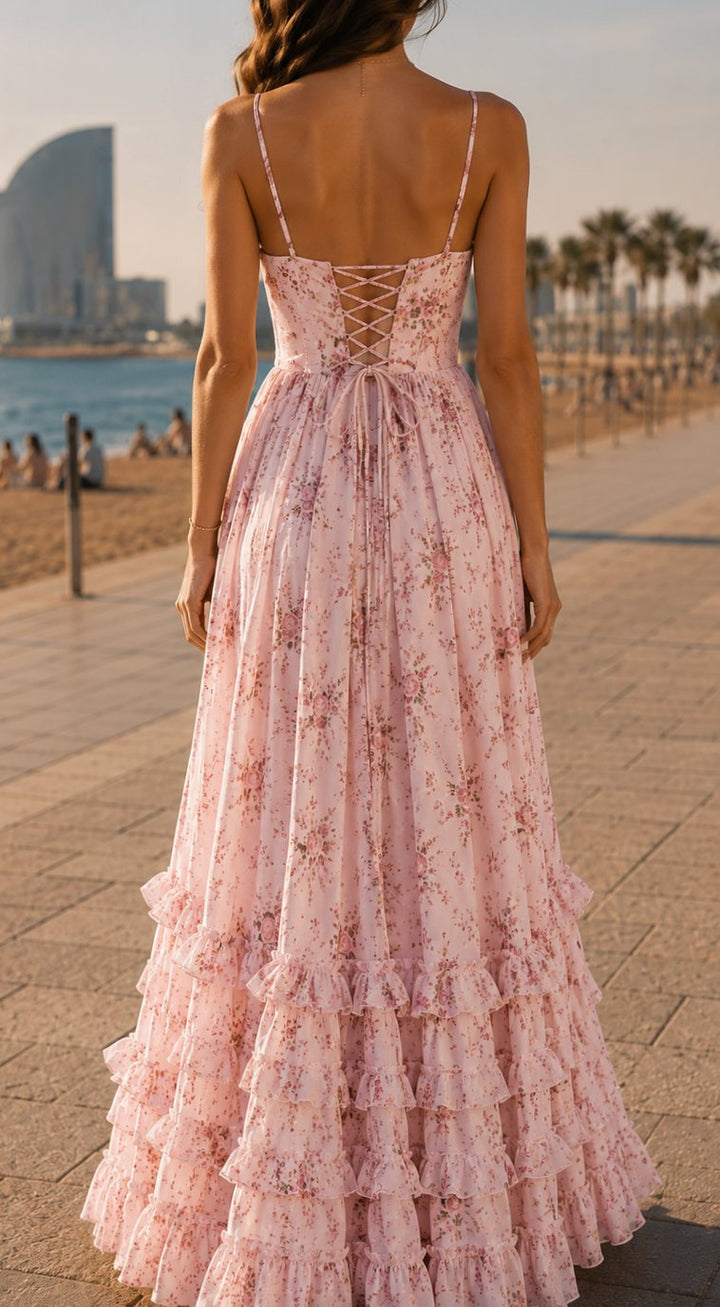 Women's Boho Floral Maxi Dress Corset-Bodice Front-Slit Ruffle Hem