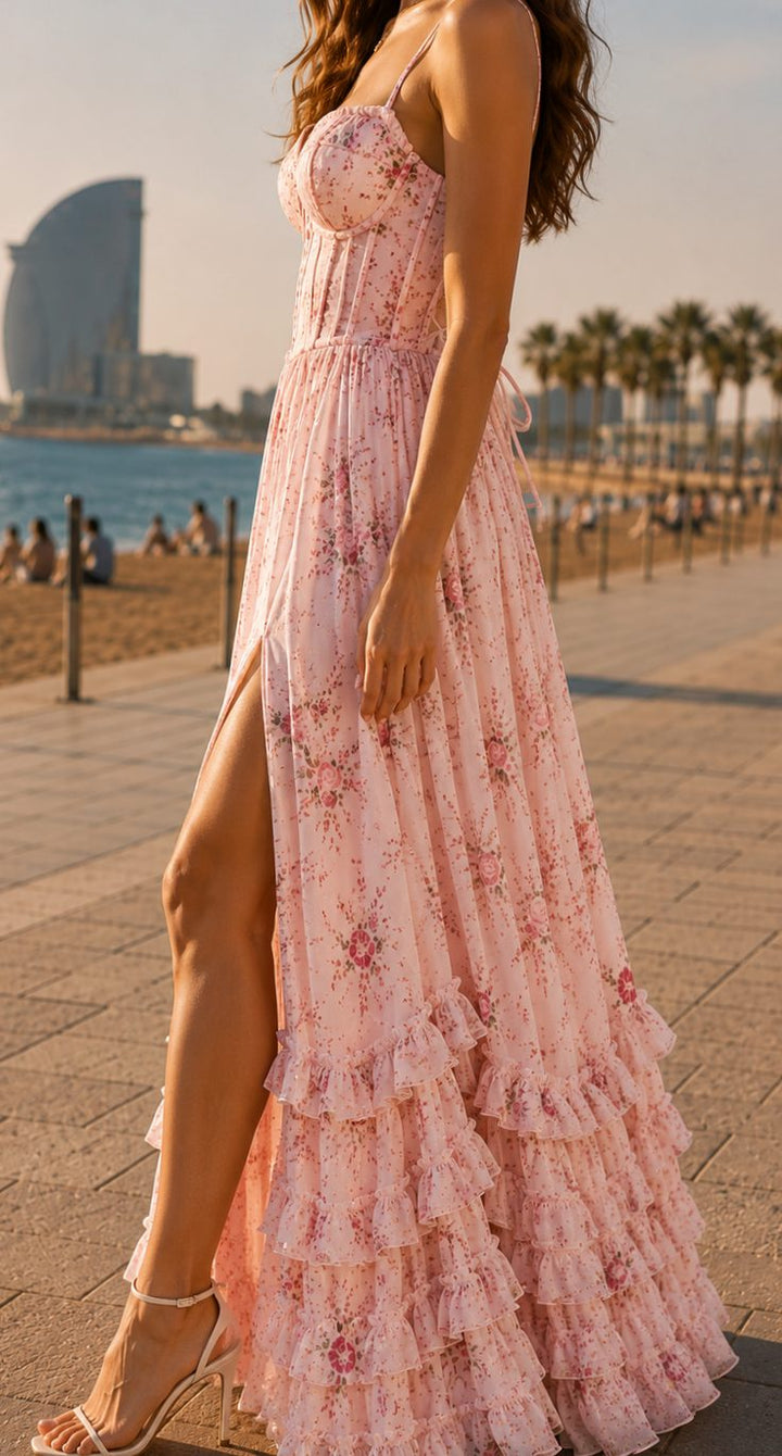 Women's Boho Floral Maxi Dress Corset-Bodice Front-Slit Ruffle Hem