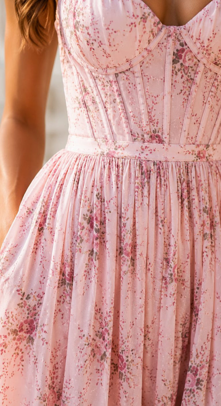 Women's Boho Floral Maxi Dress Corset-Bodice Front-Slit Ruffle Hem