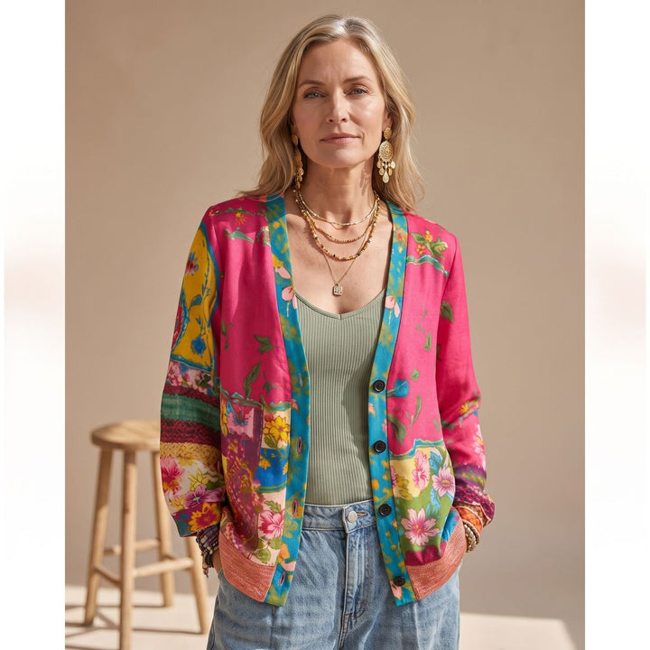 Women's Boho Floral Patchwork V-Neck Button-Front Cardigan - Pink