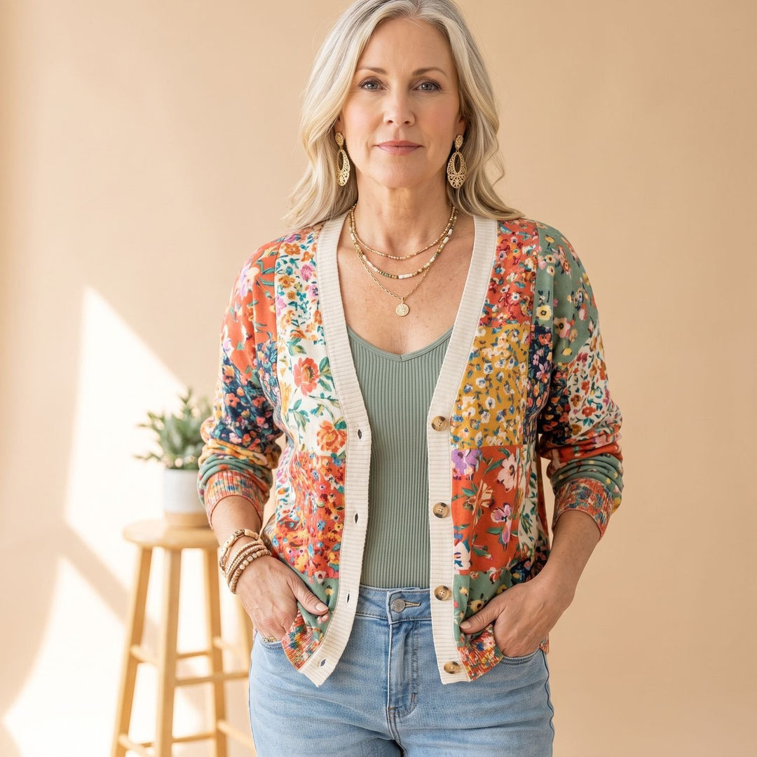 Women's Boho Floral Patchwork V-Neck Button-Front Cardigan