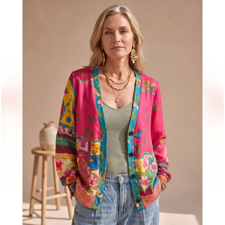Women's Boho Floral Patchwork V-Neck Button-Front Cardigan