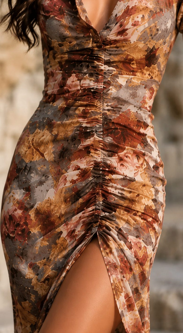 Women's Boho Floral Print Ruched V-Neck Maxi Sundress