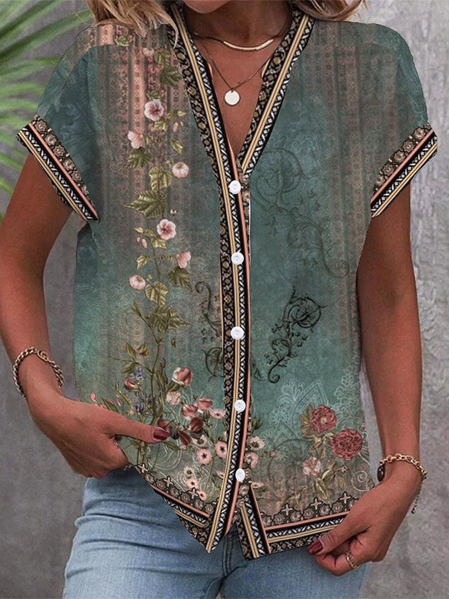 Women's Boho Floral Print V-Neck Button-Front Short Sleeve Blouse - Green