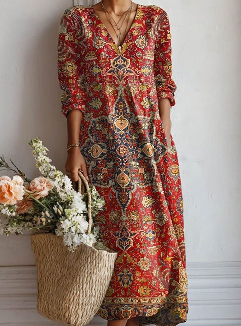Women's Boho Floral Print V-Neck Long Sleeve Midi Dress - Red
