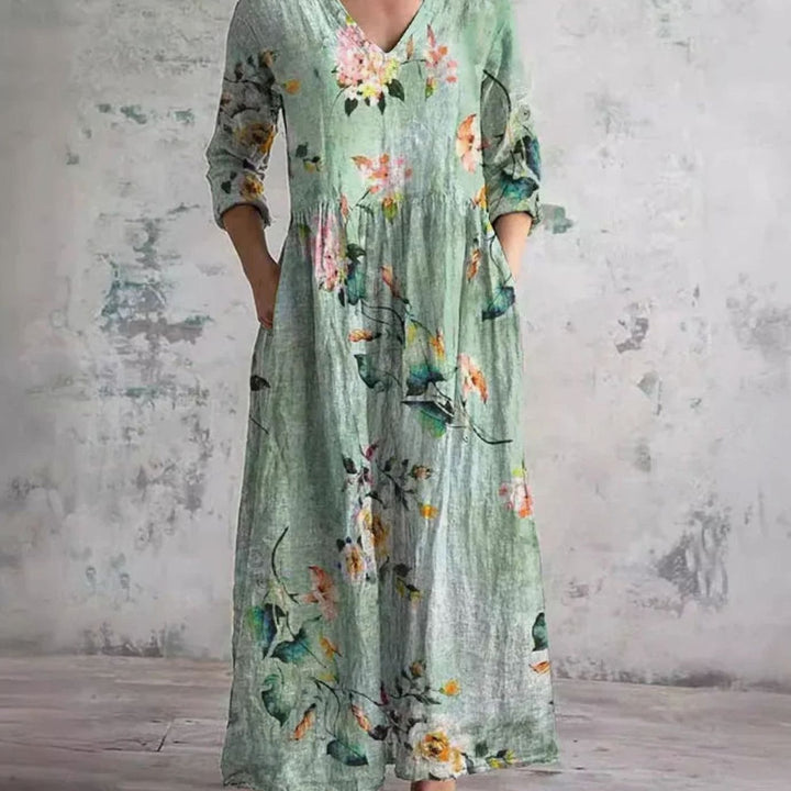 Women's Boho Floral Print V-Neck Midi Dress - Light Green