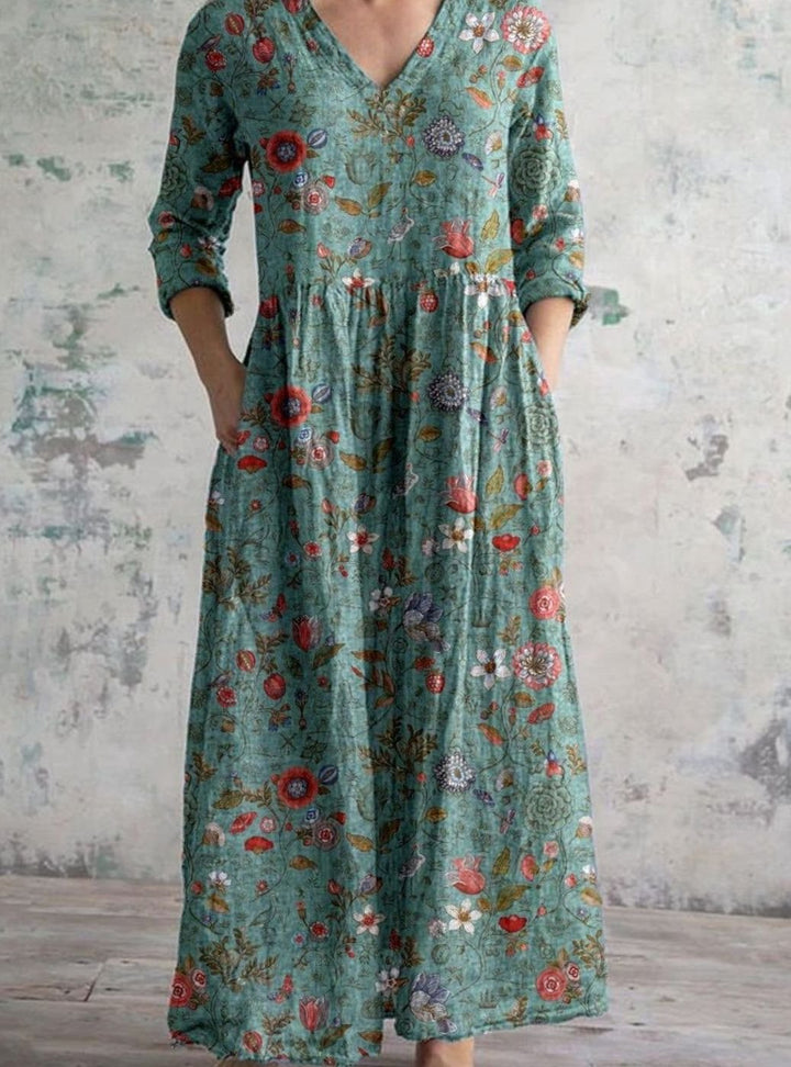 Women's Boho Floral Print V-Neck Midi Dress
