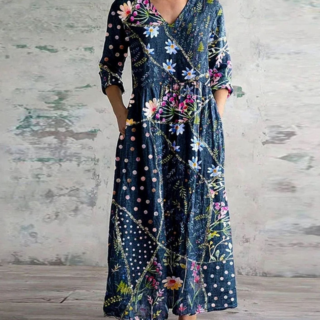 Women's Boho Floral Print V-Neck Midi Dress