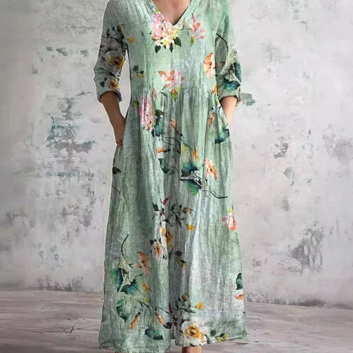 Women's Boho Floral Print V-Neck Midi Dress
