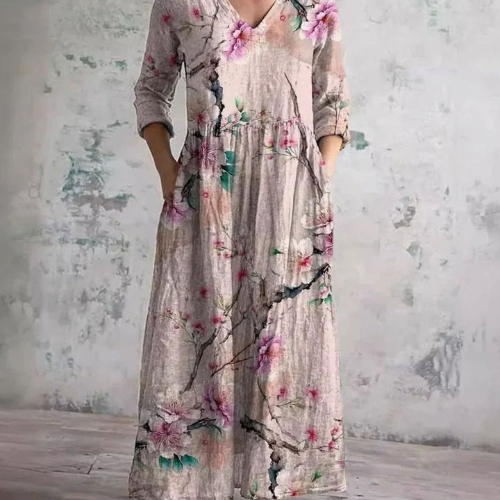Women's Boho Floral Print V-Neck Midi Dress