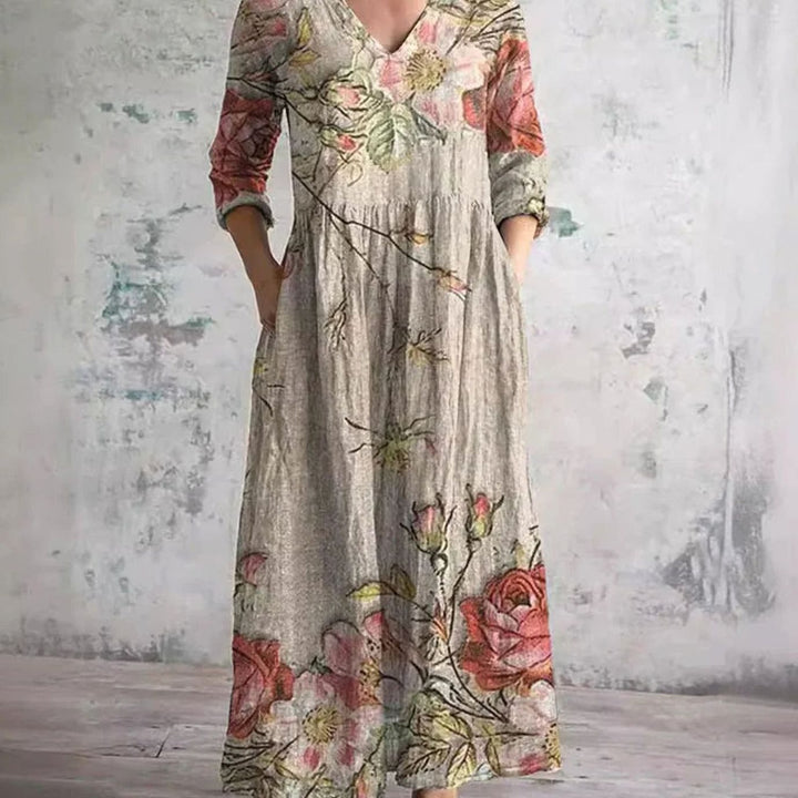 Women's Boho Floral Print V-Neck Midi Dress
