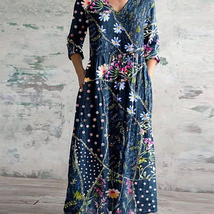 Women's Boho Floral Print V-Neck Midi Dress
