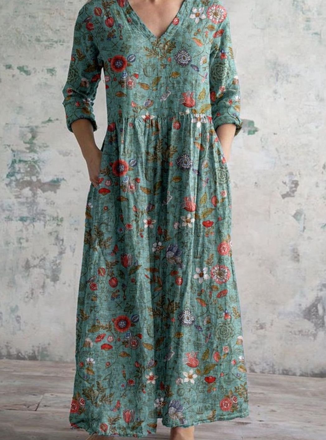 Women's Boho Floral Print V-Neck Midi Dress - Green