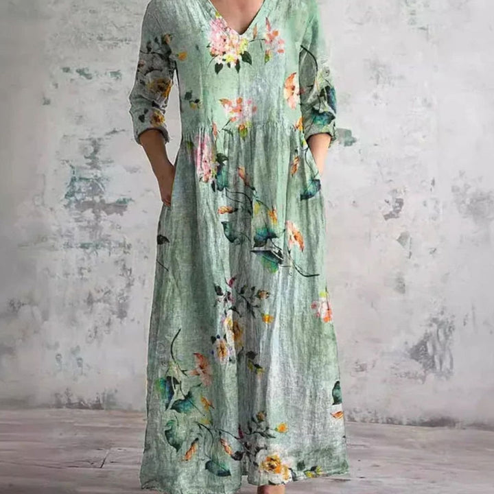 Women's Boho Floral Print V-Neck Midi Dress