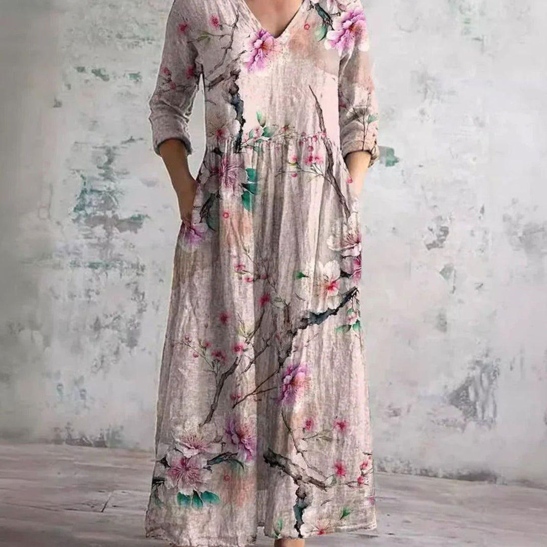 Women's Boho Floral Print V-Neck Midi Dress