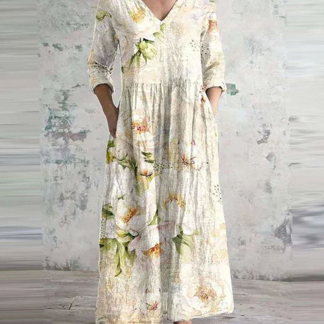 Women's Boho Floral Print V-Neck Midi Dress