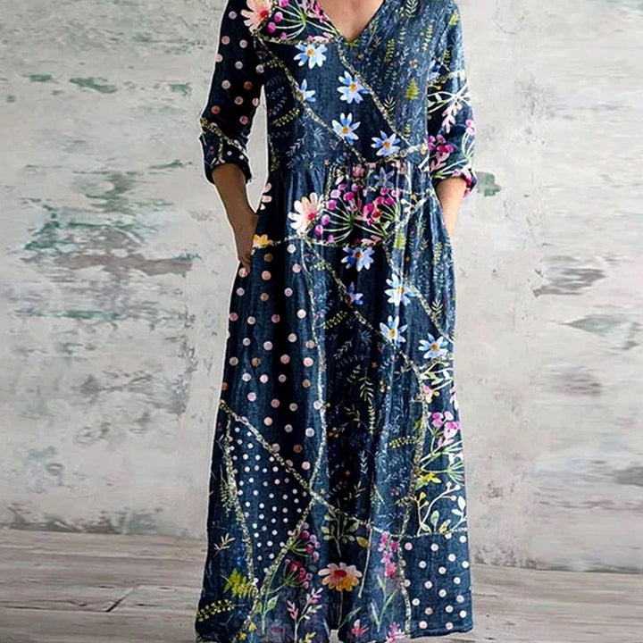 Women's Boho Floral Print V-Neck Midi Dress