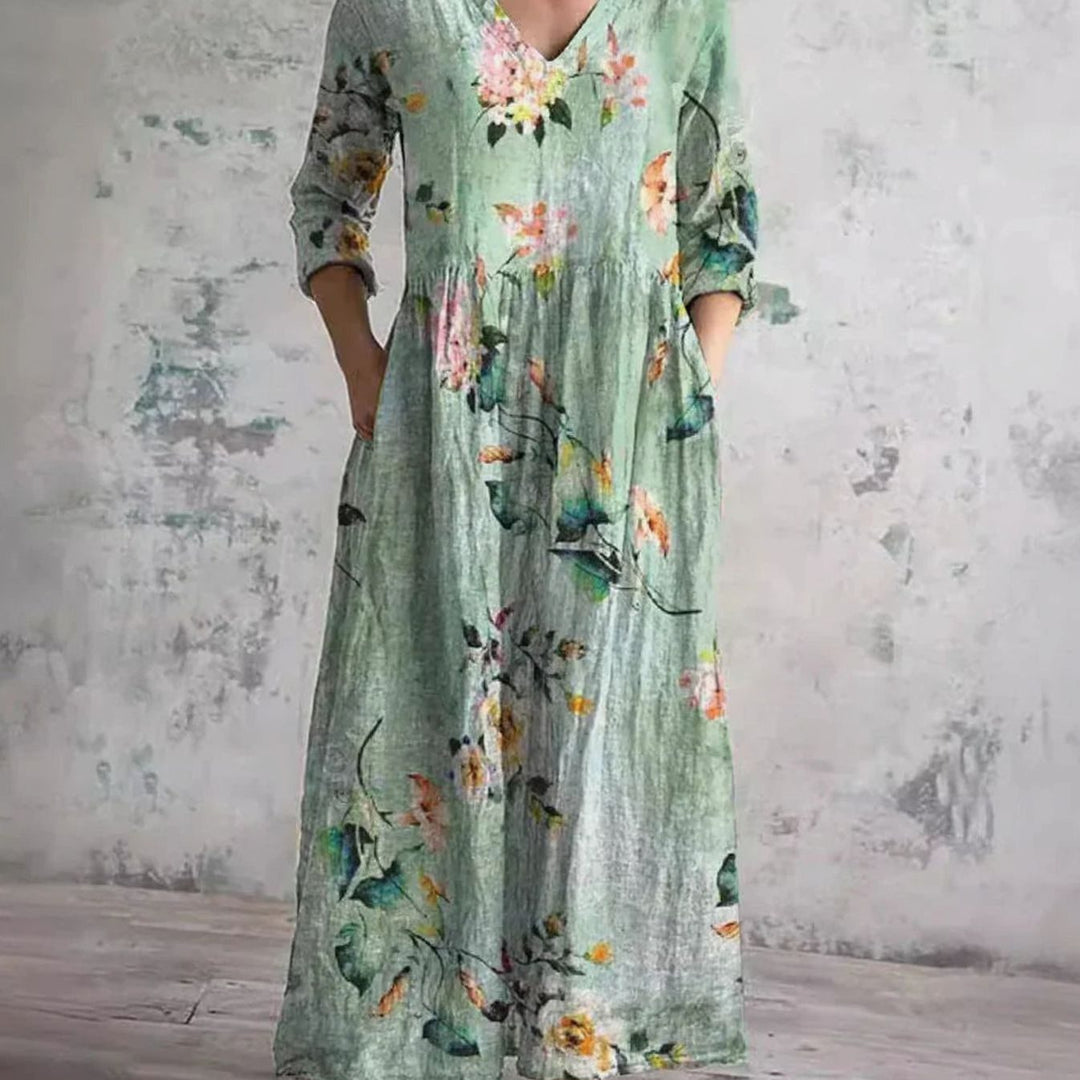 Women's Boho Floral Print V-Neck Midi Dress