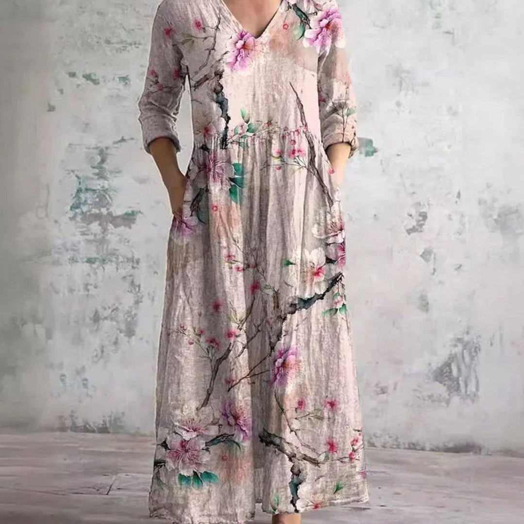 Women's Boho Floral Print V-Neck Midi Dress