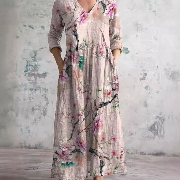 Women's Boho Floral Print V-Neck Midi Dress
