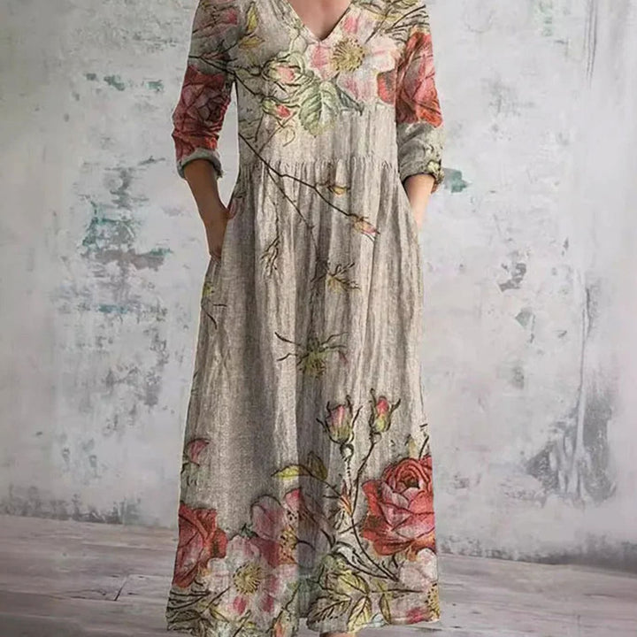 Women's Boho Floral Print V-Neck Midi Dress