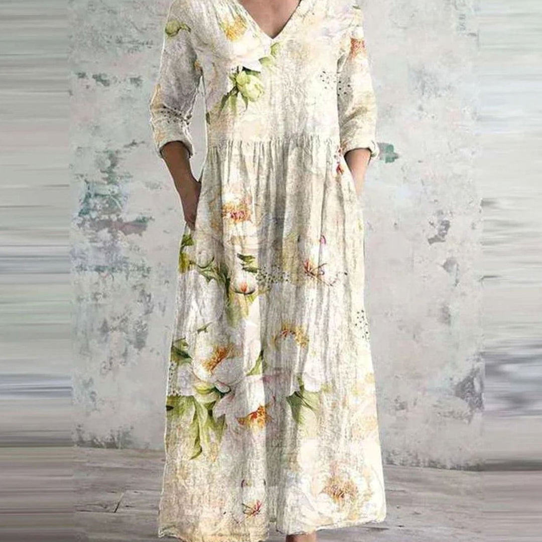 Women's Boho Floral Print V-Neck Midi Dress
