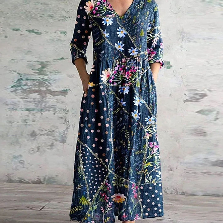 Women's Boho Floral Print V-Neck Midi Dress