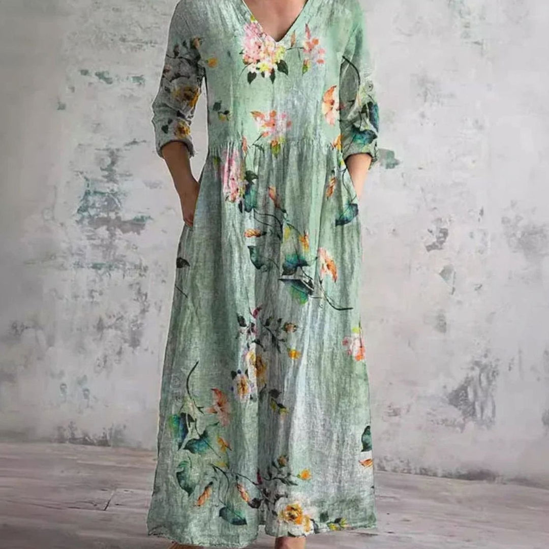 Women's Boho Floral Print V-Neck Midi Dress