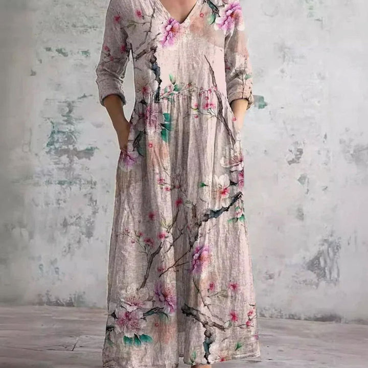 Women's Boho Floral Print V-Neck Midi Dress