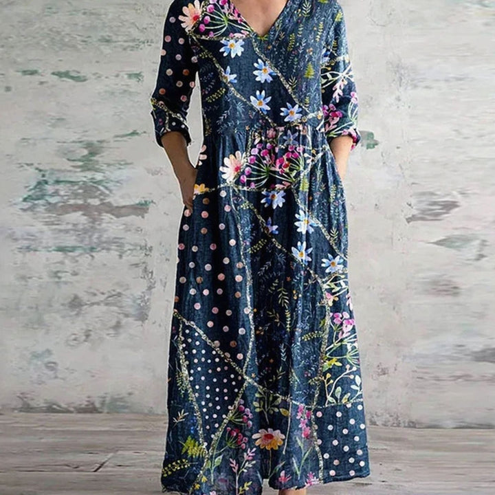 Women's Boho Floral Print V-Neck Midi Dress