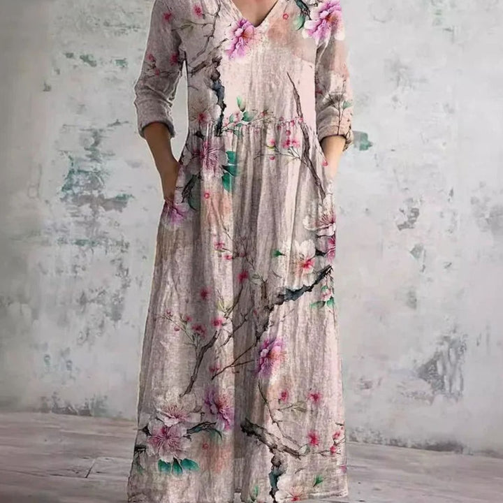 Women's Boho Floral Print V-Neck Midi Dress