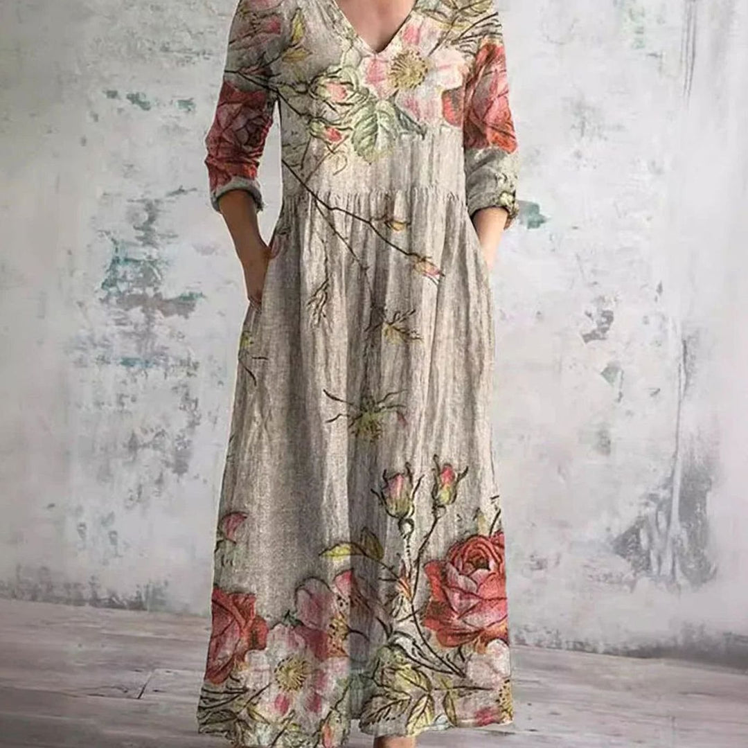 Women's Boho Floral Print V-Neck Midi Dress - Beige