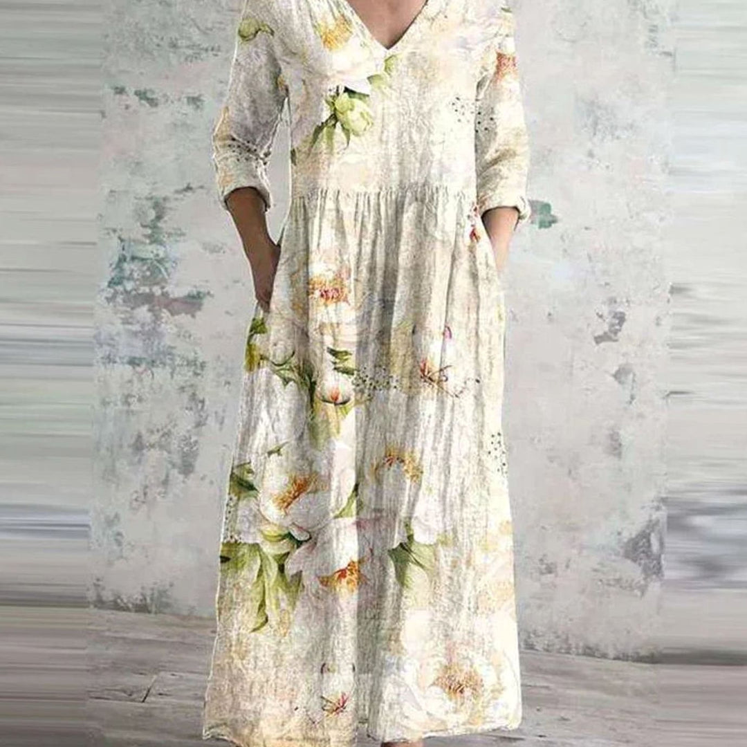 Women's Boho Floral Print V-Neck Midi Dress - White