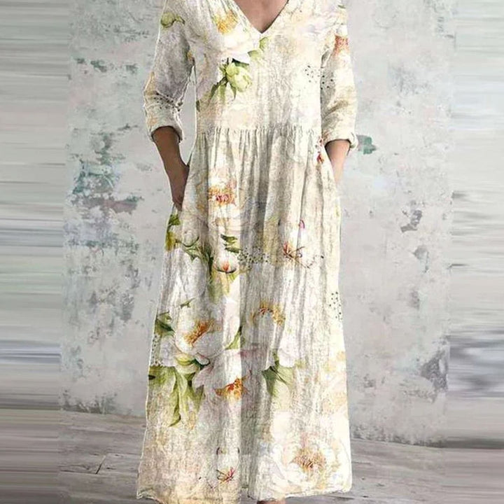 Women's Boho Floral Print V-Neck Midi Dress - White